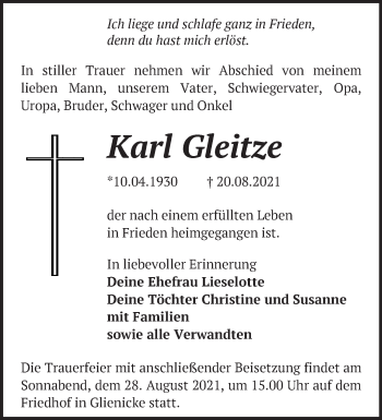 Traueranzeige von Karl Gleitze von Märkische Oderzeitung