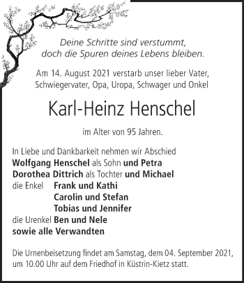 Traueranzeige von Karl-Heinz Henschel von Märkische Oderzeitung