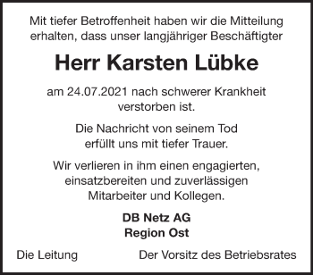 Traueranzeige von Karsten Lübke von Märkische Oderzeitung