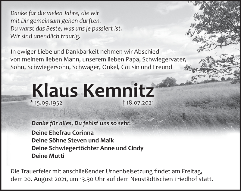  Traueranzeige für Klaus Kemnitz vom 01.08.2021 aus Märkische Oderzeitung