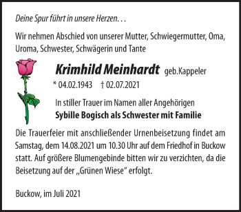 Traueranzeige von Krimhild Meinhardt von Märkische Oderzeitung