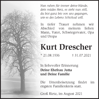 Traueranzeige von Kurt Drescher von Märkische Oderzeitung