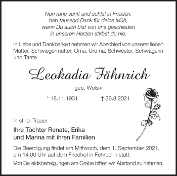 Traueranzeige von Leokadia Fähnrich von Märkische Oderzeitung