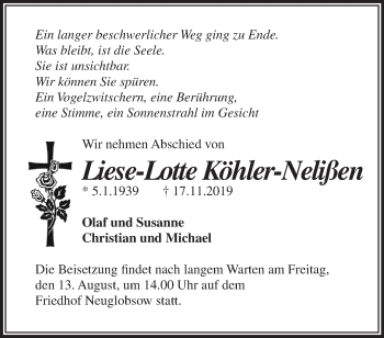 Traueranzeige von Liese-Lotte Köhler-Nelißen von Märkische Oderzeitung