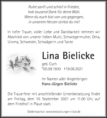 Traueranzeige von Lina Bielicke von Märkische Oderzeitung