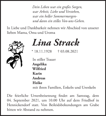 Traueranzeige von Lina Strack von Märkische Oderzeitung