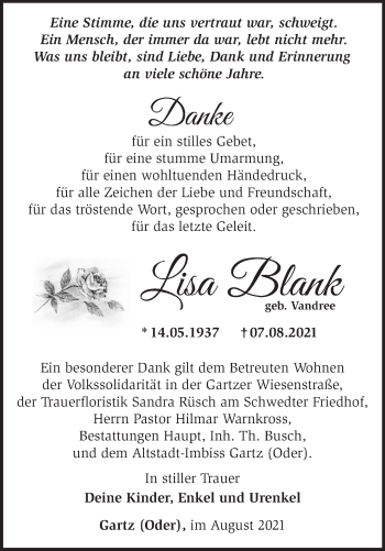 Traueranzeige von Lisa Blank von Märkische Oderzeitung