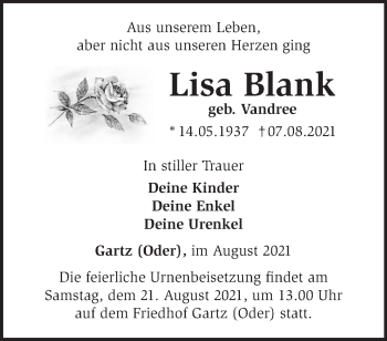 Traueranzeige von Lisa Blank von Märkische Oderzeitung