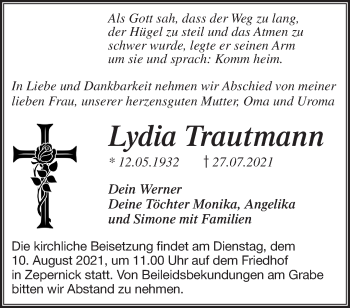 Traueranzeige von Lydia Trautmann von Märkische Oderzeitung