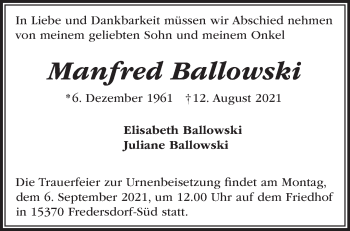 Traueranzeige von Manfred Ballowski von Märkische Oderzeitung