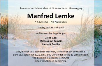 Traueranzeige von Manfred Lemke von Märkische Oderzeitung