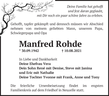 Traueranzeige von Manfred Rohde von Märkische Oderzeitung