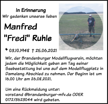 Traueranzeige von Manfred  Ruhle von Märkische Oderzeitung