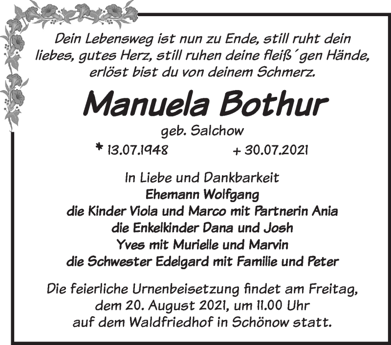  Traueranzeige für Manuela Bothur vom 14.08.2021 aus Märkische Oderzeitung
