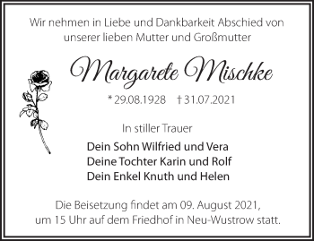 Traueranzeige von Margarete Mischke von Märkische Oderzeitung