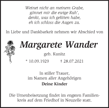 Traueranzeige von Margarete Wander von Märkische Oderzeitung