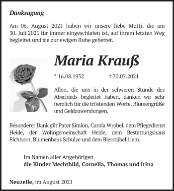 Traueranzeige von Maria Krauß von Märkische Oderzeitung