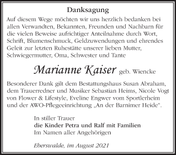 Traueranzeige von Marianne Kaiser von Märkische Oderzeitung