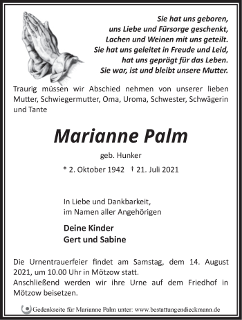 Traueranzeige von Marianne Palm von Märkische Oderzeitung