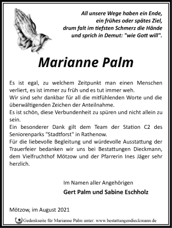 Traueranzeige von Marianne Palm von Märkische Oderzeitung