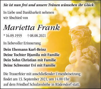 Traueranzeige von Marietta Frank von Märkische Oderzeitung