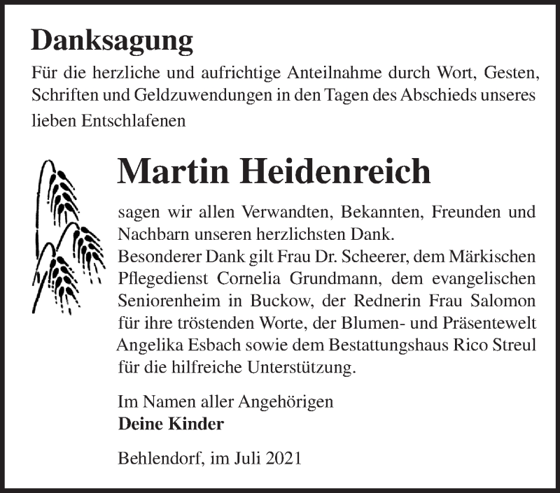  Traueranzeige für Martin Heidenreich vom 01.08.2021 aus Märkische Oderzeitung