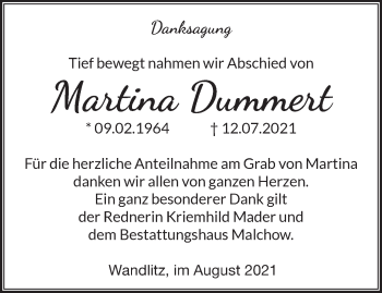 Traueranzeige von Martina Dummert von Märkische Oderzeitung