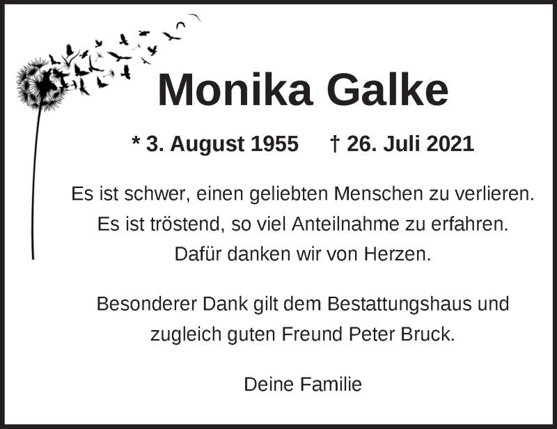  Traueranzeige für Monika Galke vom 21.08.2021 aus Märkische Oderzeitung