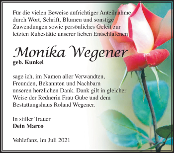 Traueranzeige von Monika Wegener von Märkische Oderzeitung