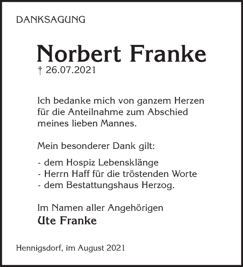  Traueranzeige für Norbert Franke vom 21.08.2021 aus Märkische Oderzeitung