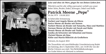 Traueranzeige von Patrick Meene von Märkische Oderzeitung