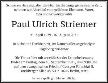 Traueranzeige von Paul Ulrich Striemer von Märkische Oderzeitung