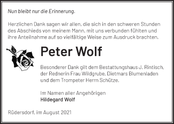 Traueranzeige von Peter Wolf von Märkische Oderzeitung