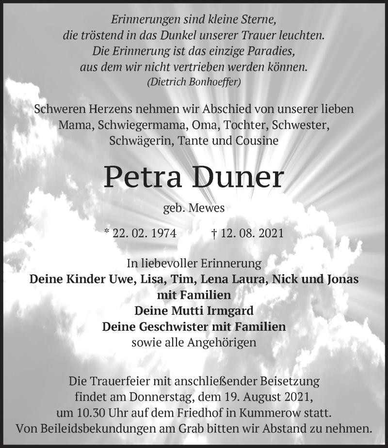  Traueranzeige für Petra Duner vom 17.08.2021 aus Märkische Oderzeitung