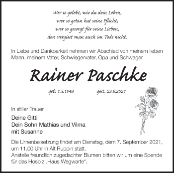 Traueranzeige von Rainer Paschke von Märkische Oderzeitung