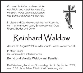 Traueranzeige von Reinhard Waldow von Märkische Oderzeitung