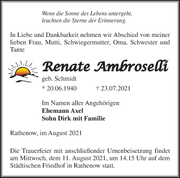 Traueranzeige von Renate Ambroselli von Märkische Oderzeitung