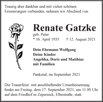 Traueranzeige von Renate Gatzke von Märkische Oderzeitung