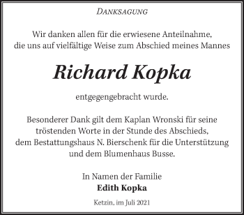 Traueranzeige von Richard Kopka von Märkische Oderzeitung