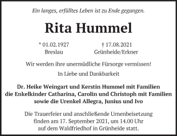 Traueranzeige von Rita Hummel von Märkische Oderzeitung