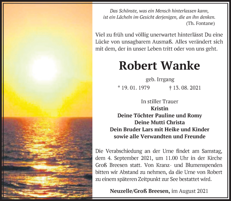  Traueranzeige für Robert Wanke vom 28.08.2021 aus Märkische Oderzeitung