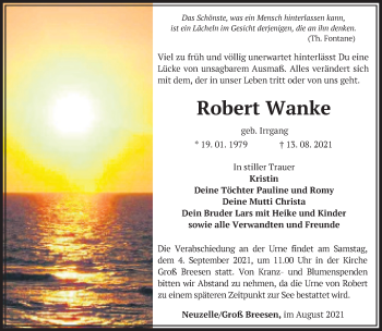 Traueranzeige von Robert Wanke von Märkische Oderzeitung