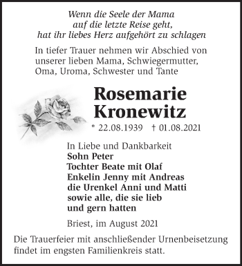 Traueranzeige von Rosemarie Kronewitz von Märkische Oderzeitung