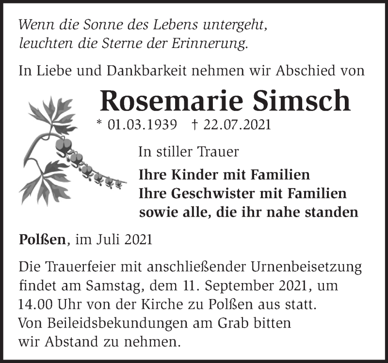  Traueranzeige für Rosemarie Simsch vom 07.08.2021 aus Märkische Oderzeitung