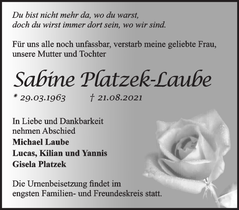  Traueranzeige für Sabine Platzek-Laube vom 29.08.2021 aus Märkische Oderzeitung