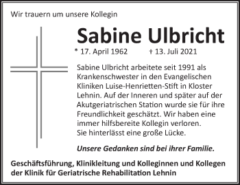 Traueranzeige von Sabine Ulbricht von Märkische Oderzeitung