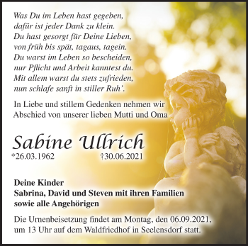 Traueranzeige von Sabine Ullrich von Märkische Oderzeitung