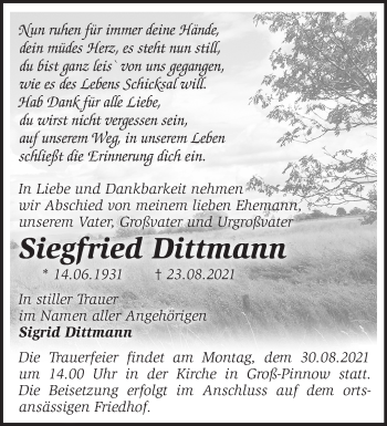 Traueranzeige von Siegfried Dittmann von Märkische Oderzeitung