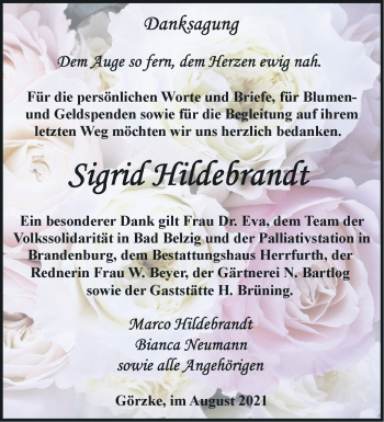 Traueranzeige von Sigrid Hildebrandt von Märkische Oderzeitung