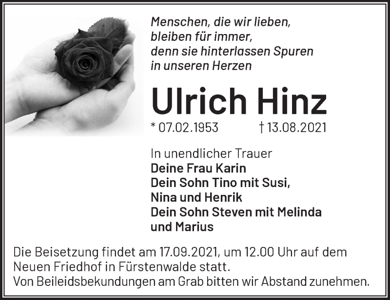  Traueranzeige für Ulrich Hinz vom 21.08.2021 aus Märkische Oderzeitung